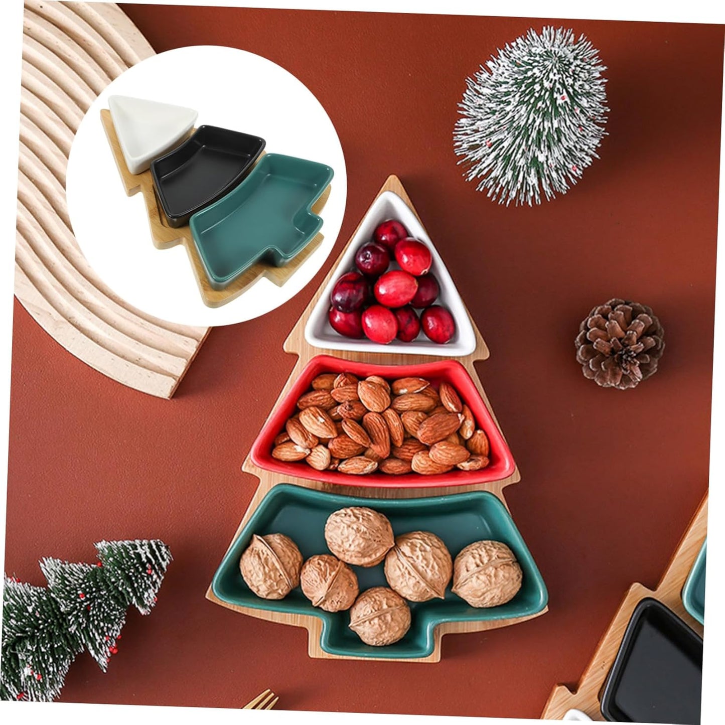 DOITOOL christmas dishes sweet holder snack platter tray Christmas Tree Serving Plate dessert dish snack tray plate plastic section Wooden jewelry