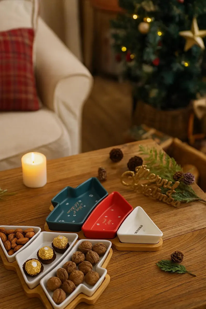 DOITOOL christmas dishes sweet holder snack platter tray Christmas Tree Serving Plate dessert dish snack tray plate plastic section Wooden jewelry