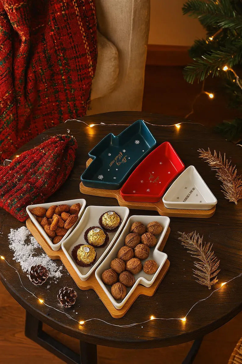 DOITOOL christmas dishes sweet holder snack platter tray Christmas Tree Serving Plate dessert dish snack tray plate plastic section Wooden jewelry