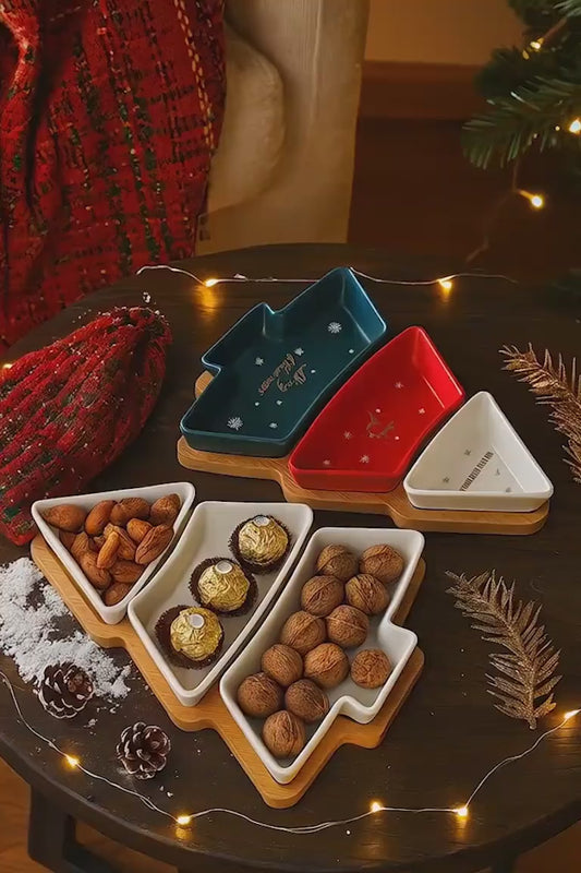 DOITOOL christmas dishes sweet holder snack platter tray Christmas Tree Serving Plate dessert dish snack tray plate plastic section Wooden jewelry